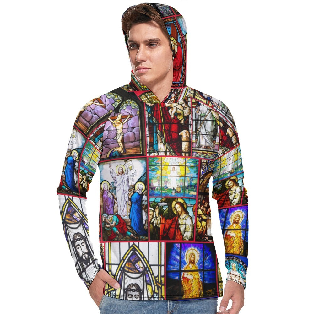 “Stained Glass Jesus for Christmas” Men’s Long Sleeve Sun Protection Hoodie – Sizes S – 3XL