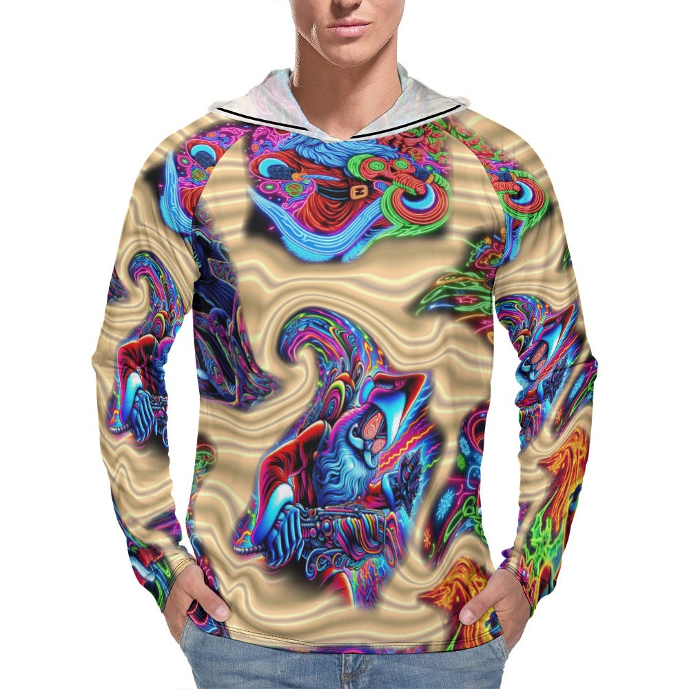 “Neon Santa Fighting Evil” Men’s Long Sleeve Sun Protection Hoodie – Sizes S – 3XL