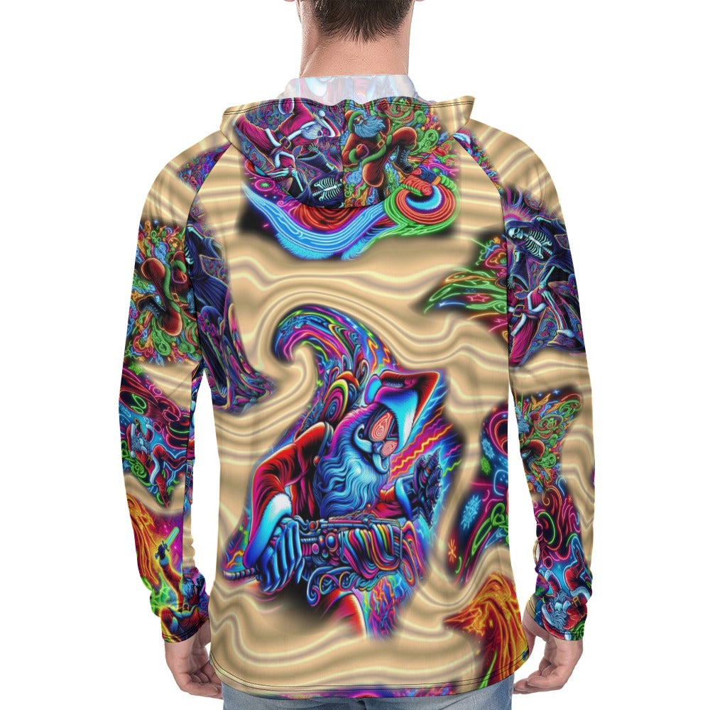 “Neon Santa Fighting Evil” Men’s Long Sleeve Sun Protection Hoodie – Sizes S – 3XL