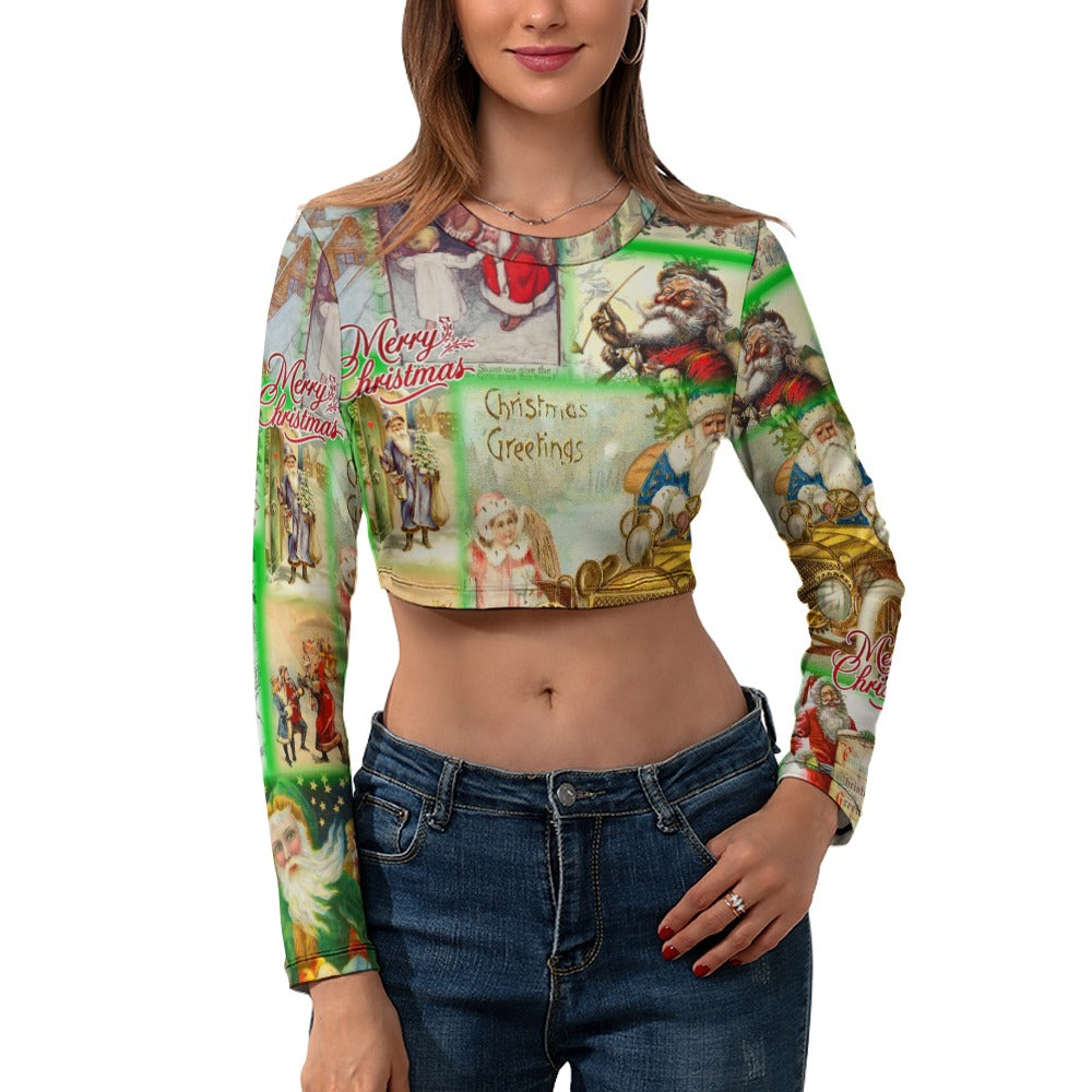 “Santa Revisited Through the Ages” Women's Long Sleeve Round Neck Crop Top