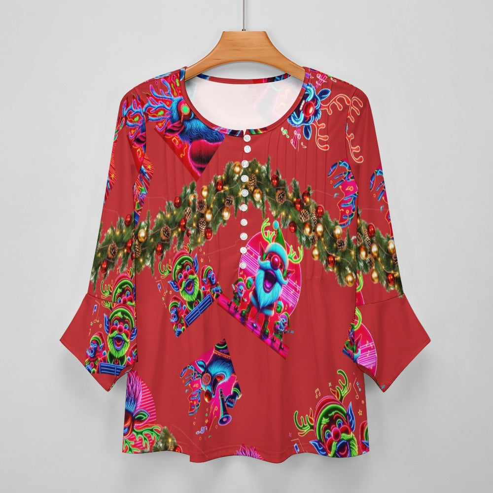 “Psychedelic Christmas Rudolf Singing on Red” Women's Ruffled Petal Sleeve Top – Sizes S – 5XL