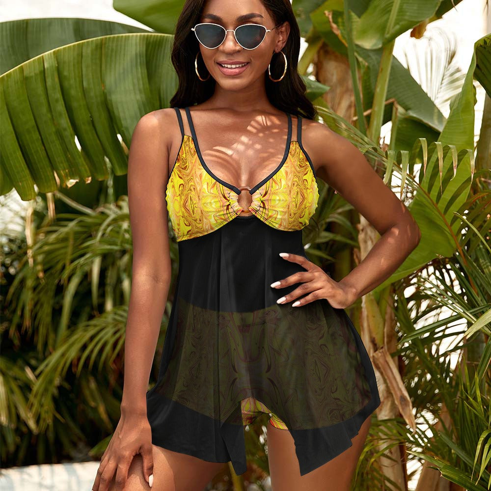 "Fire and Gold" Split Skirt Mesh Women's Swimsuit