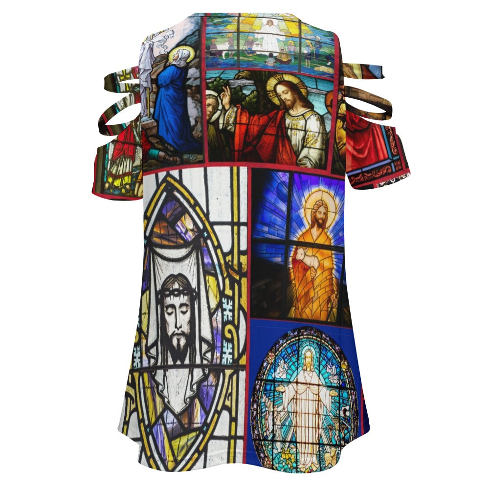 “Stained Glass Jesus for Christmas” Women’s BE Zip Off Shoulder Top – Sizes S – 3XL