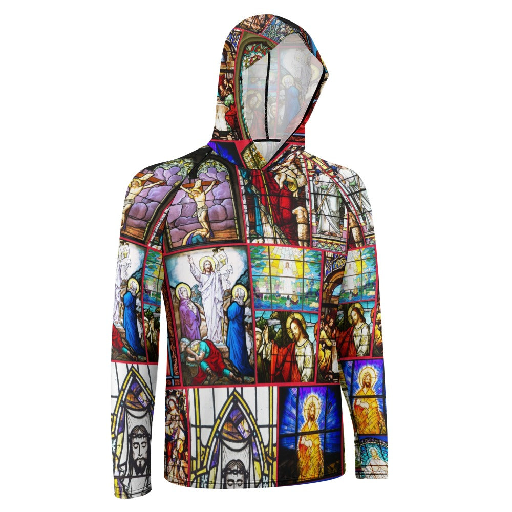 “Stained Glass Jesus for Christmas” Men’s Long Sleeve Sun Protection Hoodie – Sizes S – 3XL