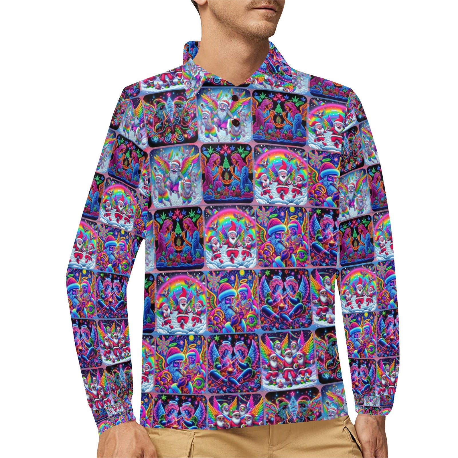 “Psychedelic Toking Christmas Angels”  Men's Long Sleeve Polo Shirt – Sizes S – 2XL