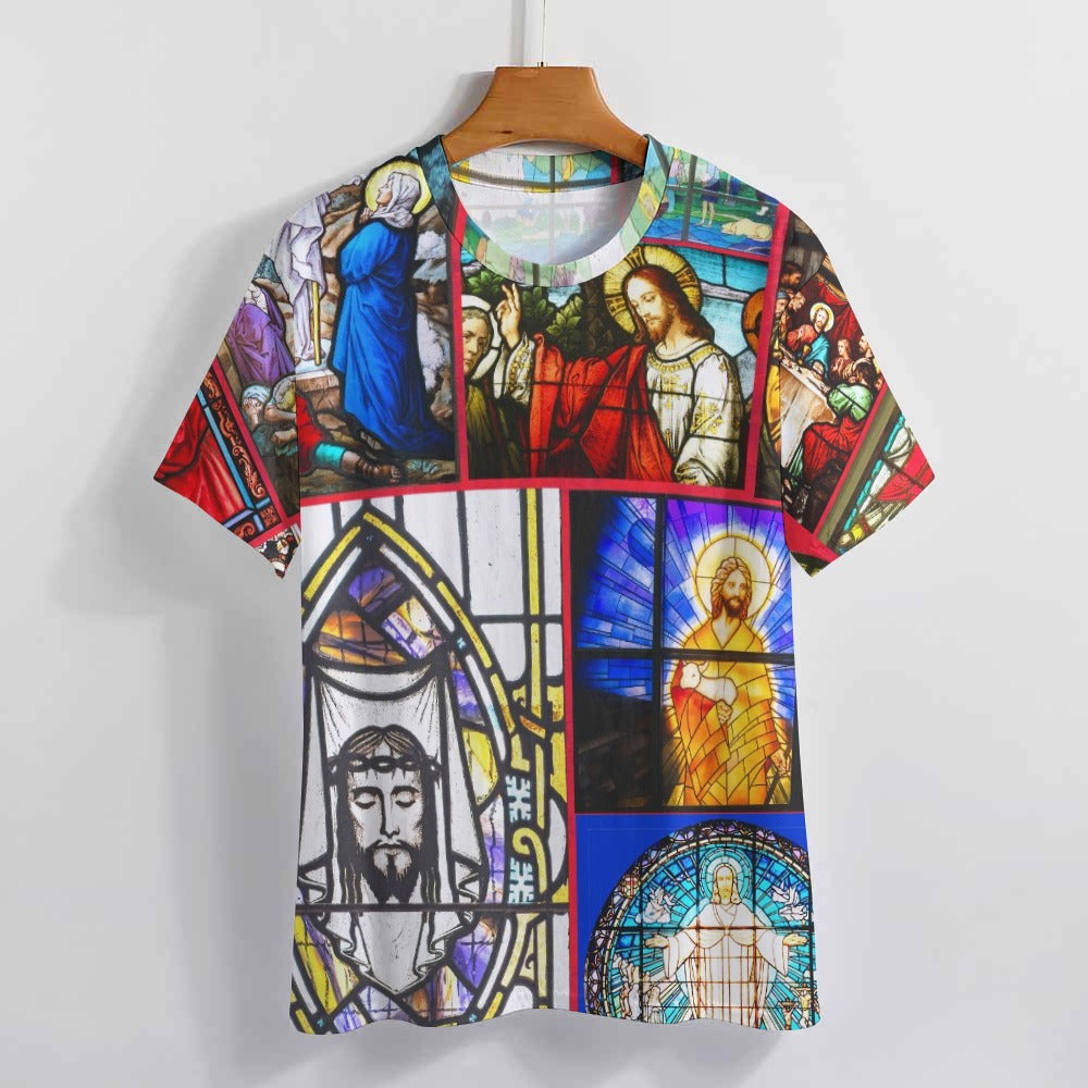 “Stained Glass Jesus for Christmas” Women’s Basic T-Shirt – Sizes S – 6XL