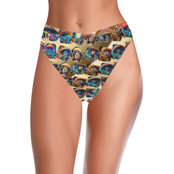 “Toking Psychedelic Mushroom People” High-Waisted High V-Cut Bikini Rave Bottom -  Sizes XS – 5XL
