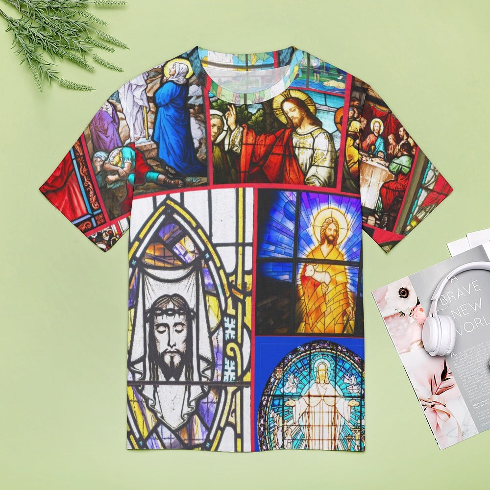 “Stained Glass Jesus for Christmas” Women’s Basic T-Shirt – Sizes S – 6XL