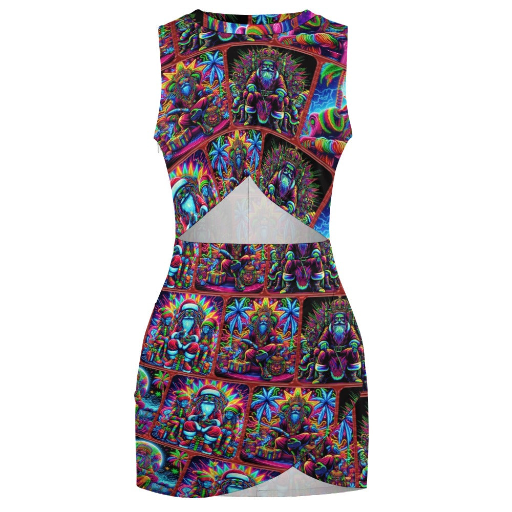 “Psychedelic Neon Toking Rasta Santa” Navel-Baring Cross-Fit Hip Dress - Sizes S - 5XL