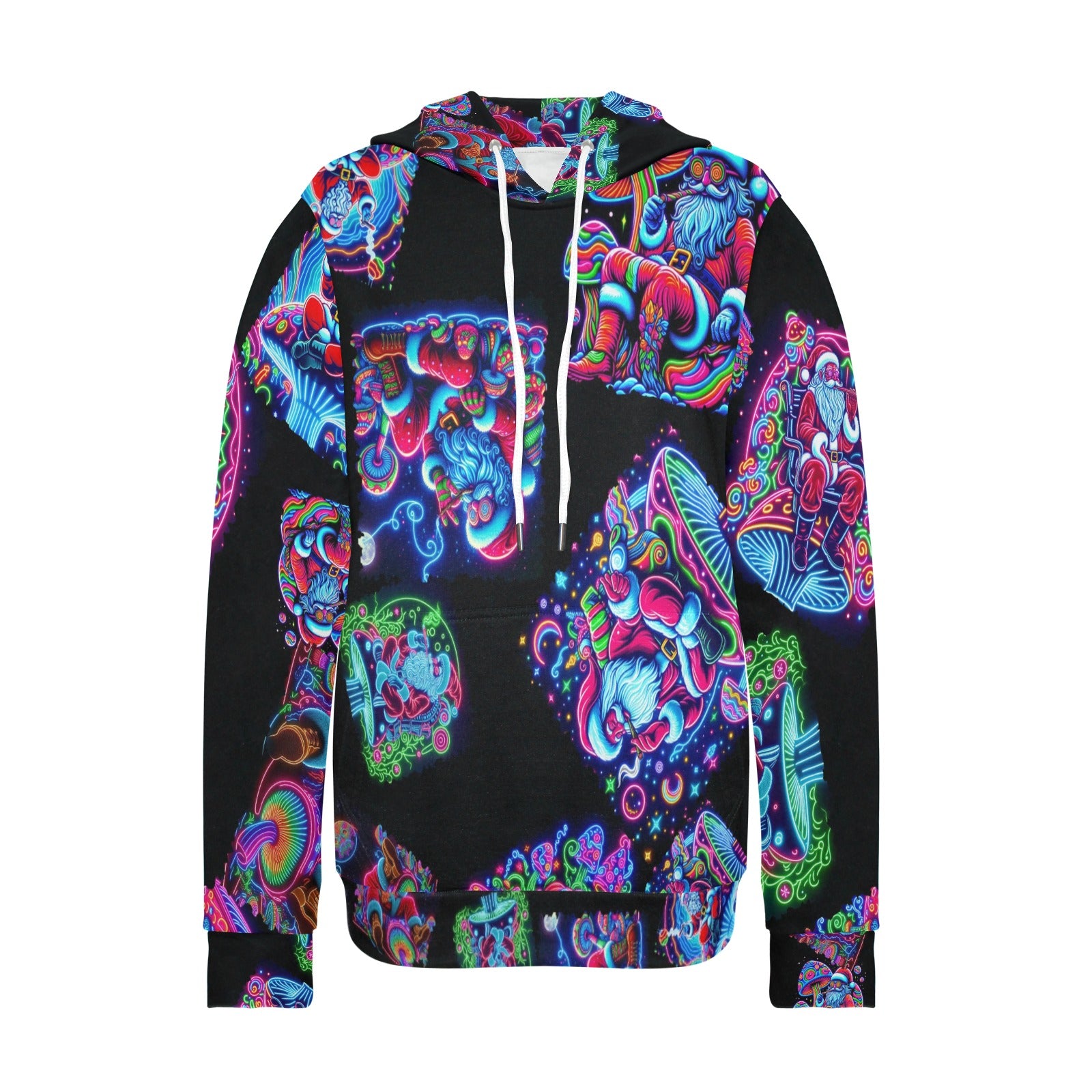 “Psychedelic Toking Santas on Mushrooms” Women’s Long Sleeve Fleece Hoodie – Sizes XS – 2XL