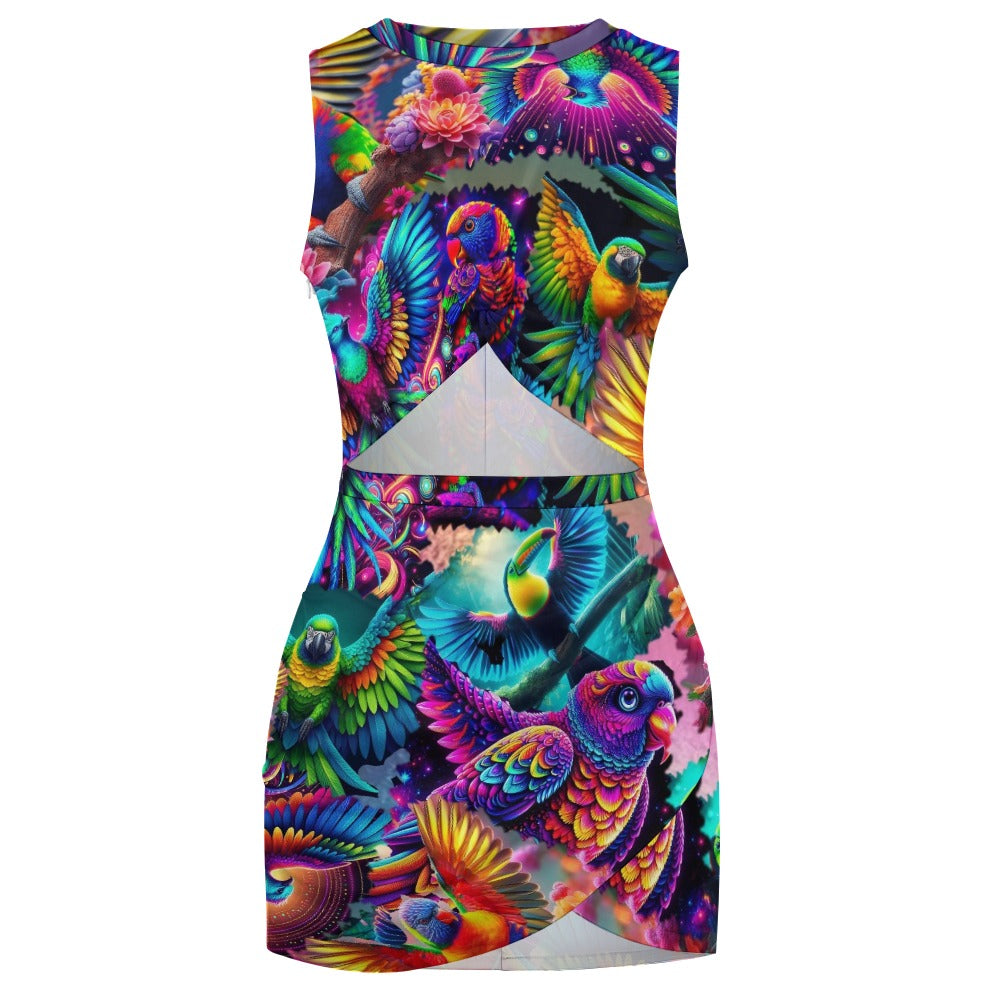“Neon Aviary” Navel-Baring Cross-Fit Hip Dress