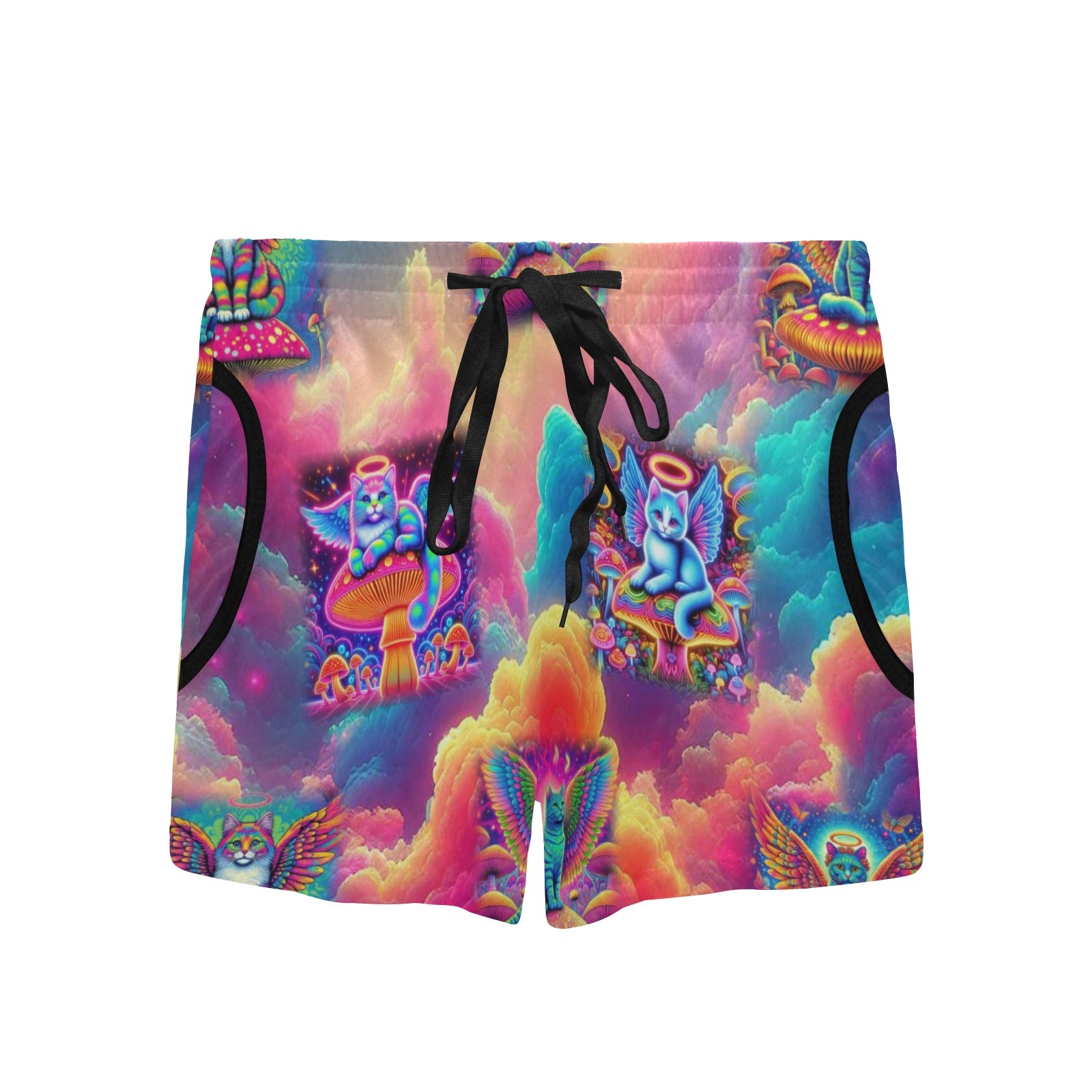 “Heavenly Angel Cats on Psychedelic Mushrooms” Women’s Mid-Length Board Shorts – Sizes S – 4XL