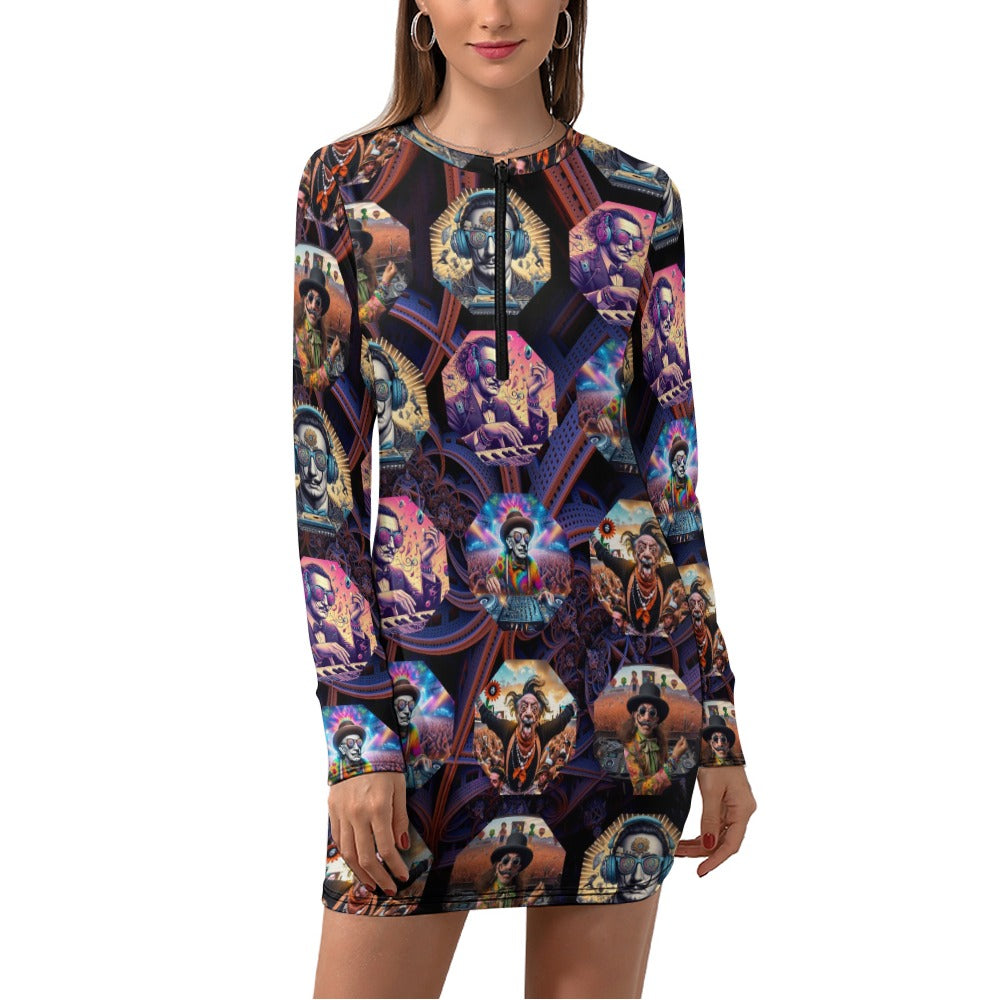 "Master DJ Dali" Women's Zipper Long Sleeve Hip Dress