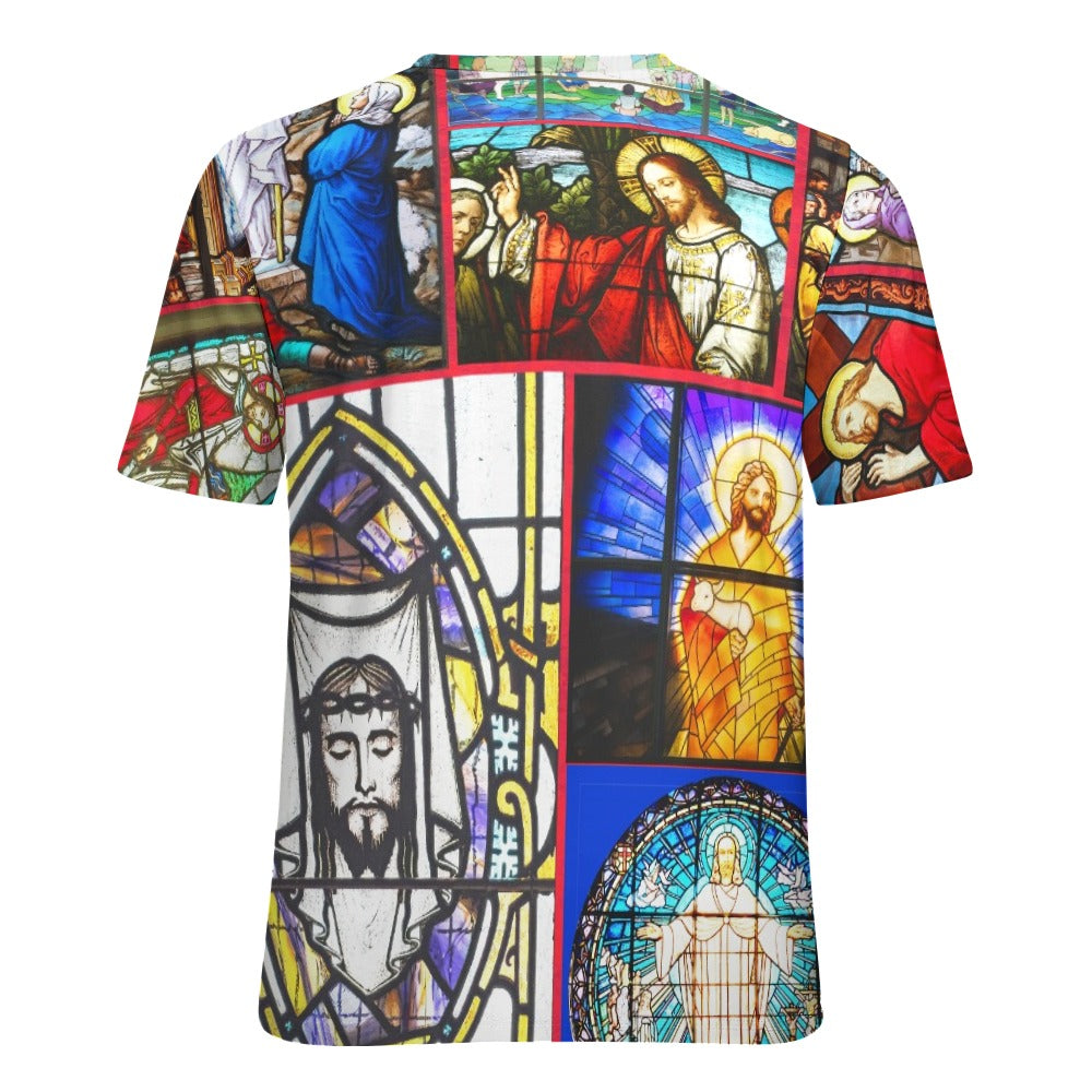 “Stained Glass Jesus for Christmas” Women’s Basic T-Shirt – Sizes S – 6XL