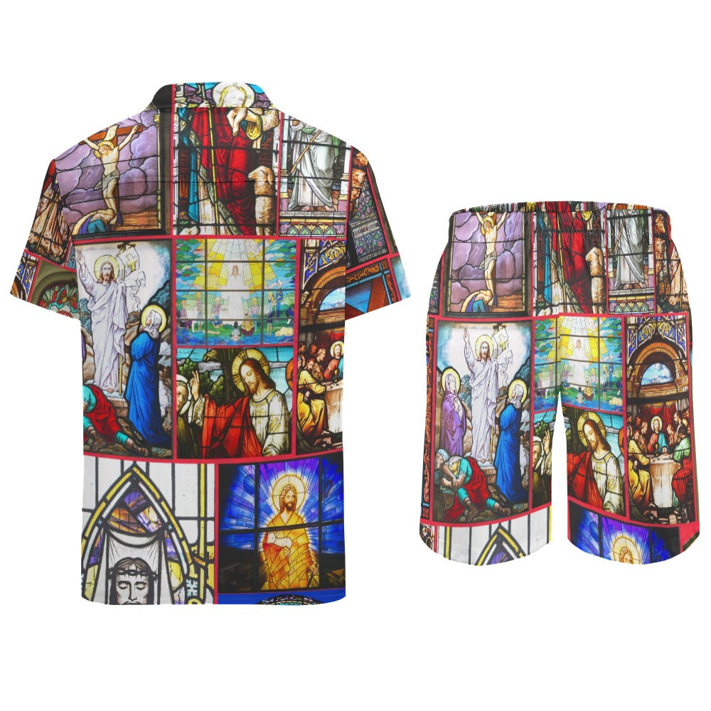 “Stained Glass Jesus for Christmas” Men’s Rave Outfit – Lounge Shirt and Beach Shorts – Sizes XS – 3XL