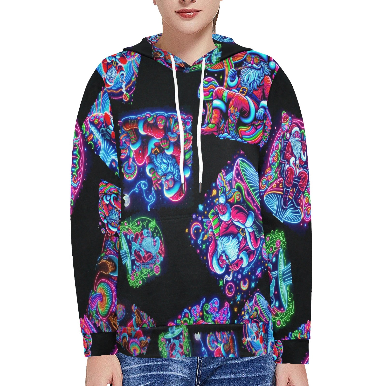 “Psychedelic Toking Santas on Mushrooms” Women’s Long Sleeve Fleece Hoodie – Sizes XS – 2XL