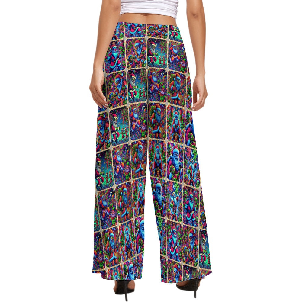 “Neon Santas Fighting Evil Elves” Women’s Wide Leg Pants – Sizes XS – 6XL