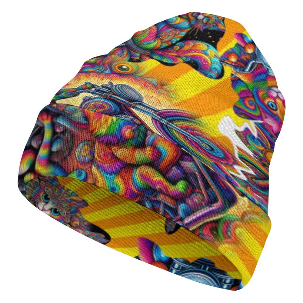 "Psychedelic Cats on Motorcycles" Knit Cap