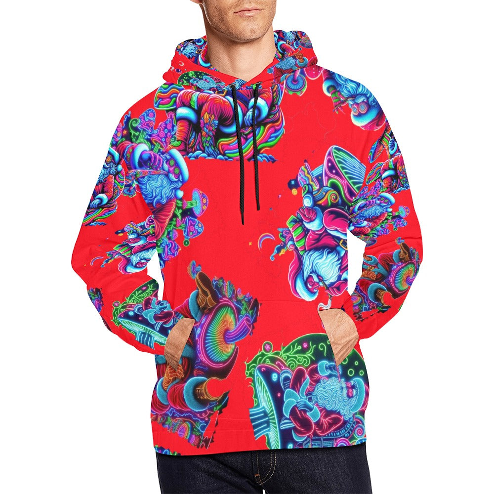 “Psychedelic Toking Santas Sitting on Mushrooms in Red” Men’s Hoodie – Sizes S- 4XL