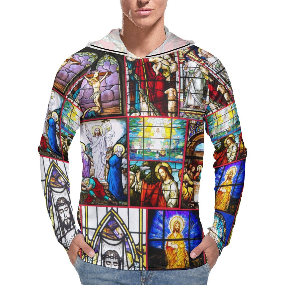 “Stained Glass Jesus for Christmas” Men’s Long Sleeve Sun Protection Hoodie – Sizes S – 3XL