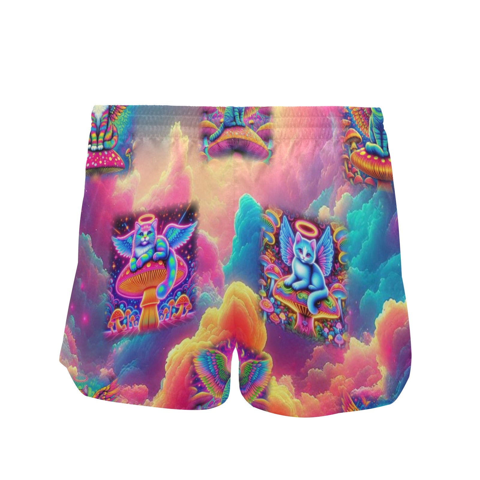 “Heavenly Angel Cats on Psychedelic Mushrooms” Women’s Mid-Length Board Shorts – Sizes S – 4XL