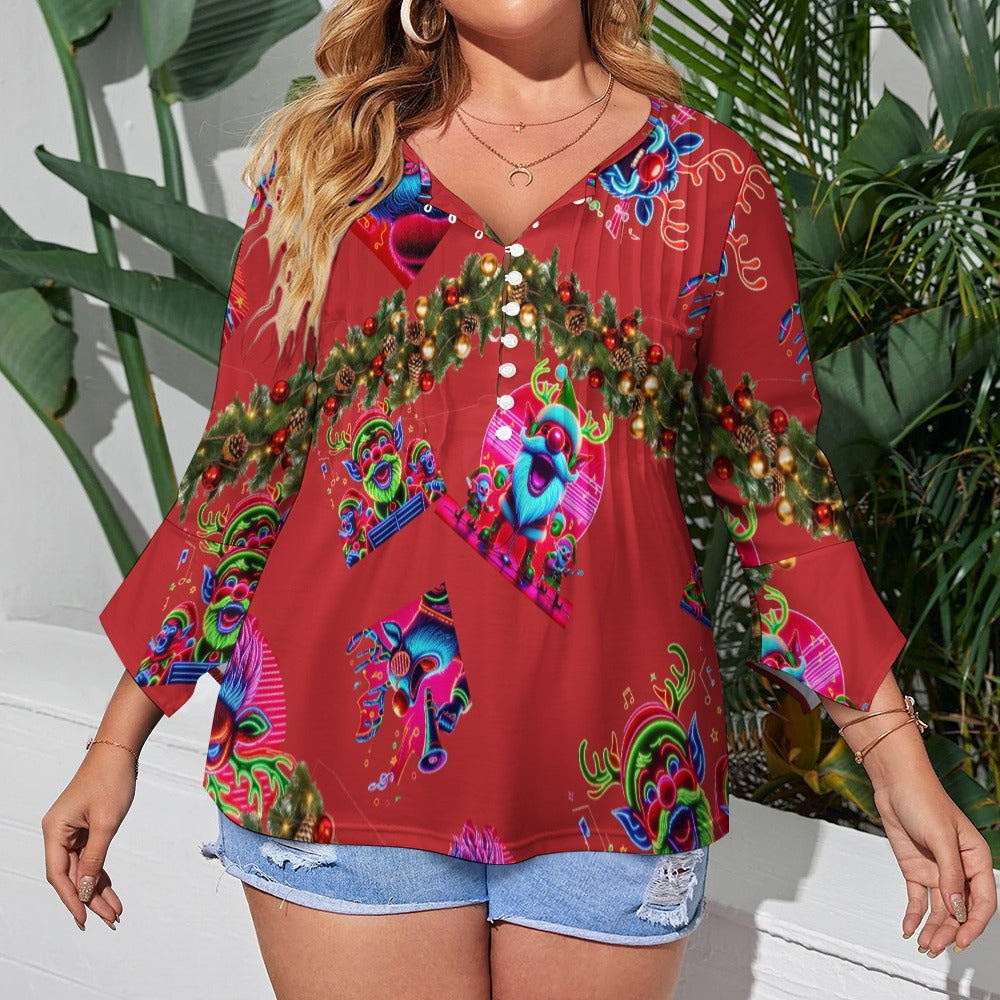 “Psychedelic Christmas Rudolf Singing on Red” Women's Ruffled Petal Sleeve Top – Sizes S – 5XL