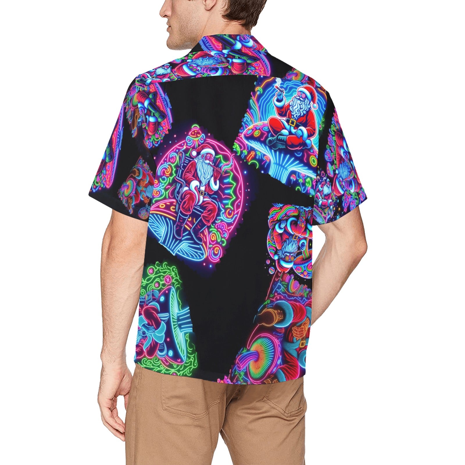 “Psychedelic Toking Santas Sitting on Mushrooms” Men’s Lounge Shirt – Sizes S- 5XL