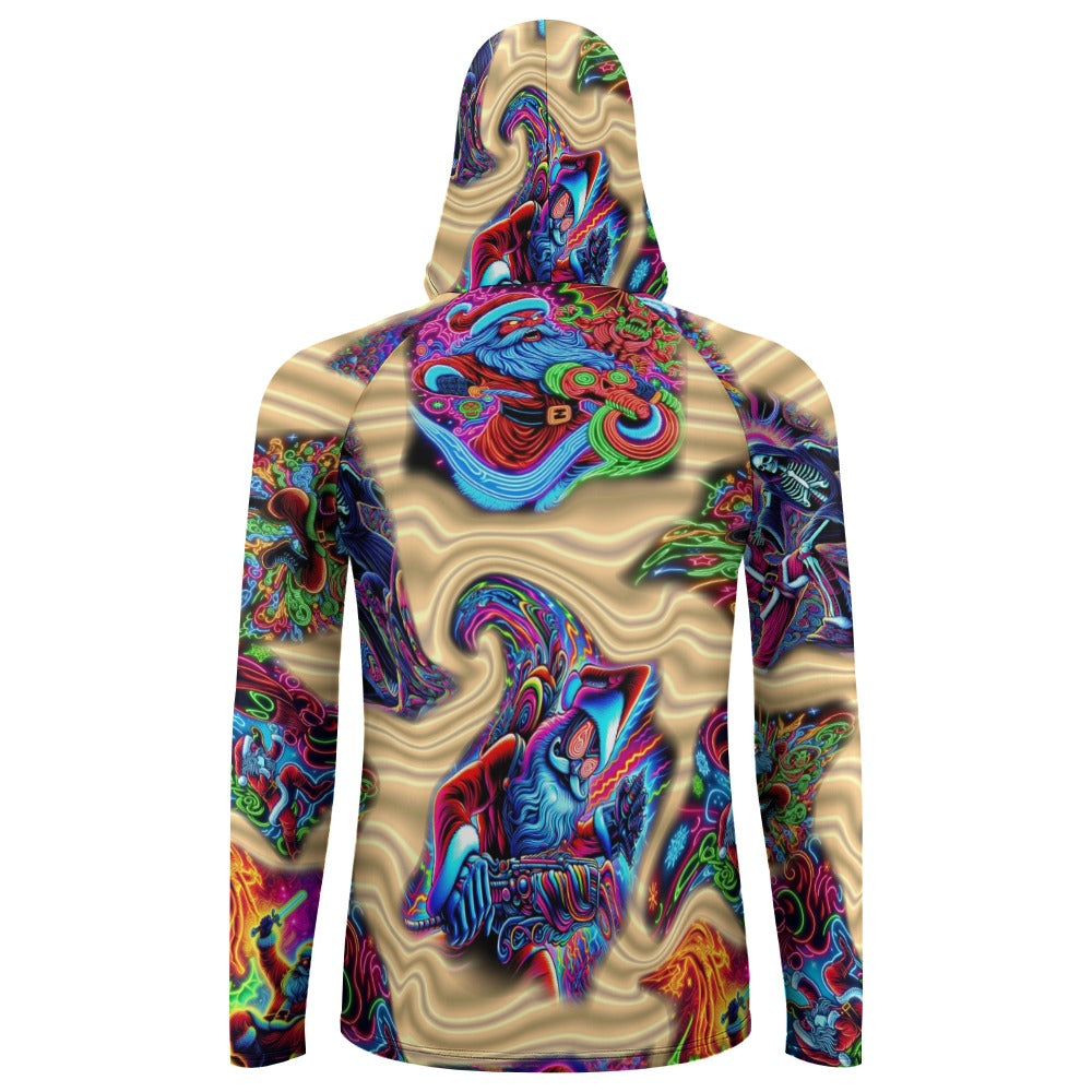 “Neon Santa Fighting Evil” Men’s Long Sleeve Sun Protection Hoodie – Sizes S – 3XL