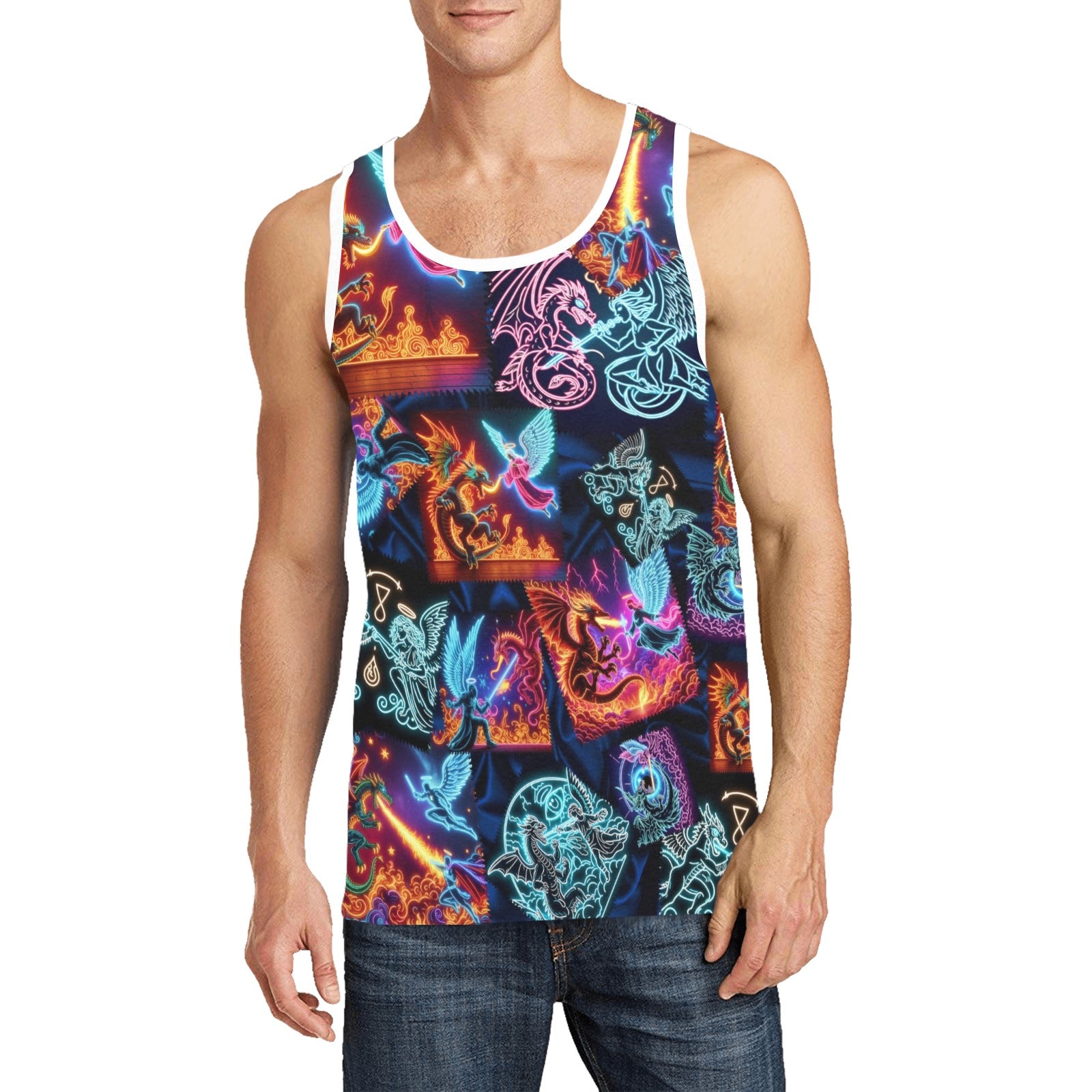 “Psychedelic Warrior Angels Fightiing Dragons” Men's Standard Tank Top