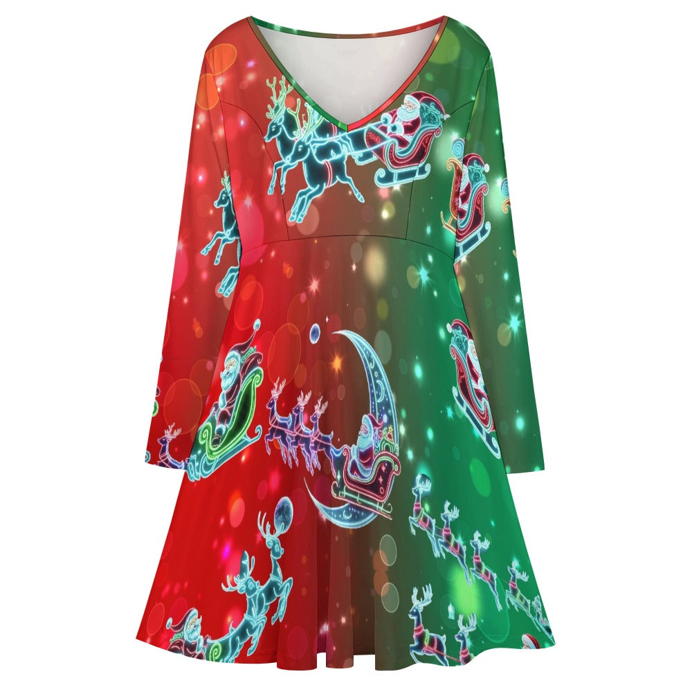 “Neon Santas in Magical Christmas Sleigh with Reindeer” Women’s Oversized V-Neck Dress  – Sizes S – 8XL