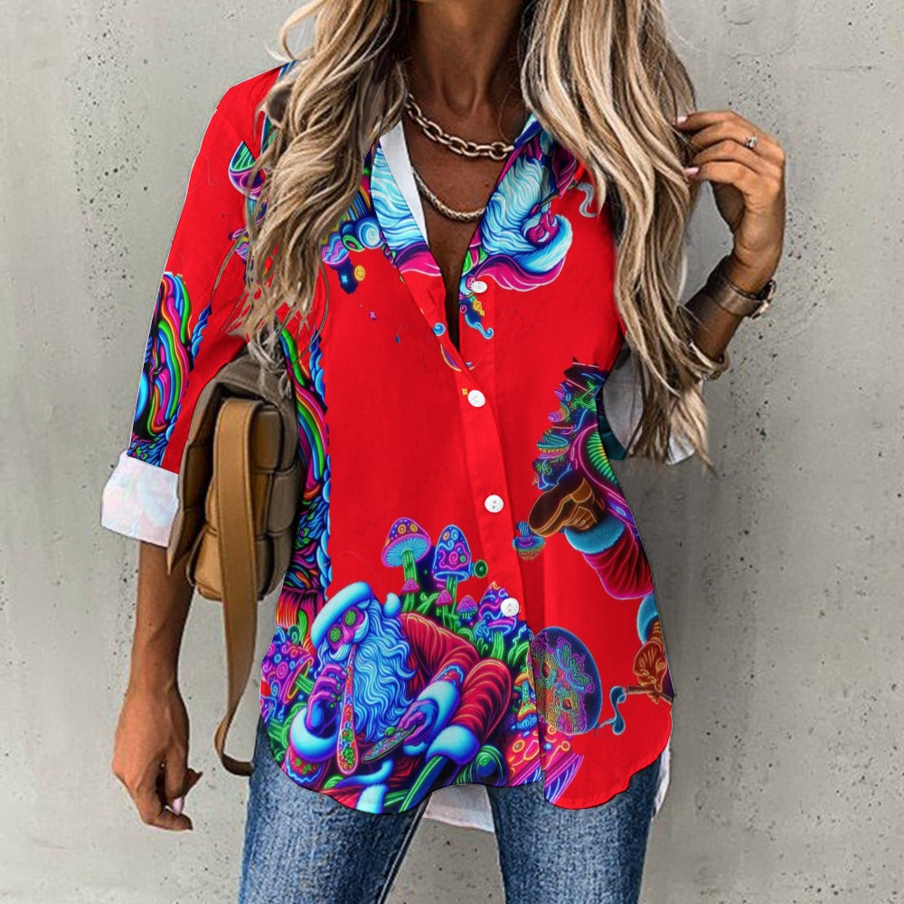 “Psychedelic Toking Santas Sitting on Mushrooms in Red” Women’s Cropped Hem Shirt – Sizes S – 8XL