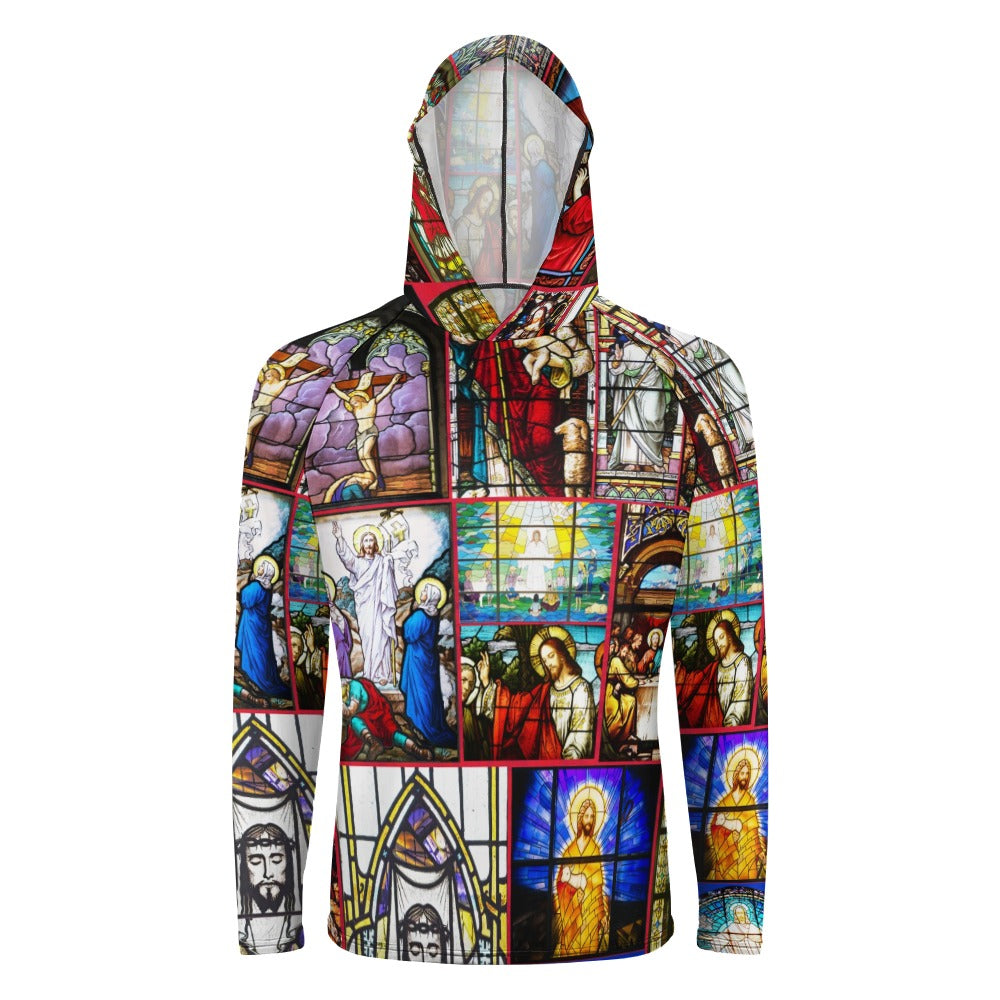 “Stained Glass Jesus for Christmas” Men’s Long Sleeve Sun Protection Hoodie – Sizes S – 3XL