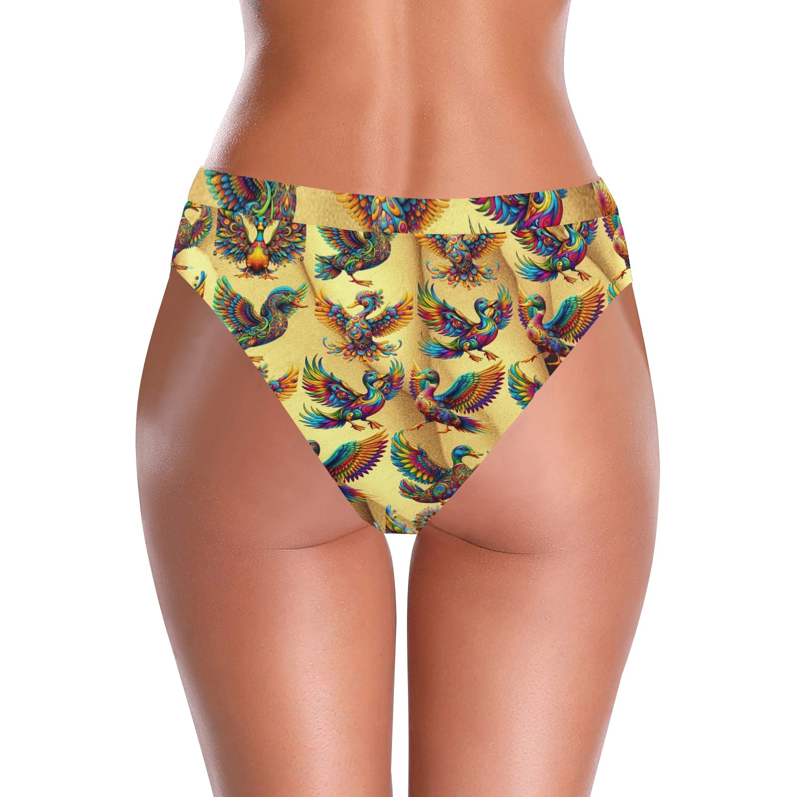 “Psychedelic Ducks on Gold” High-Waisted High V-Cut Bikini Rave Bottom -  Sizes XS – 5XL -  Sizes XS – 5XL