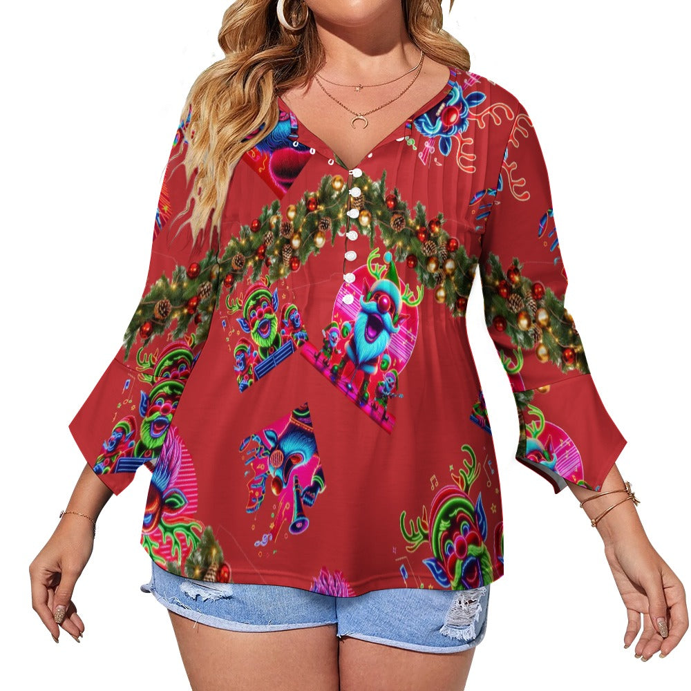 “Psychedelic Christmas Rudolf Singing on Red” Women's Ruffled Petal Sleeve Top – Sizes S – 5XL