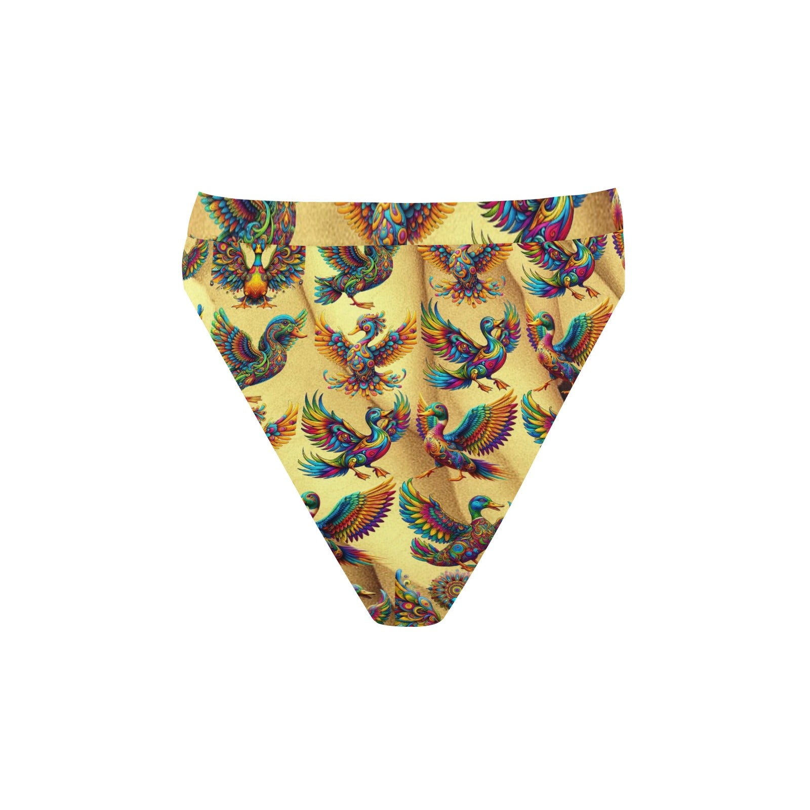 “Psychedelic Ducks on Gold” High-Waisted High V-Cut Bikini Rave Bottom -  Sizes XS – 5XL -  Sizes XS – 5XL