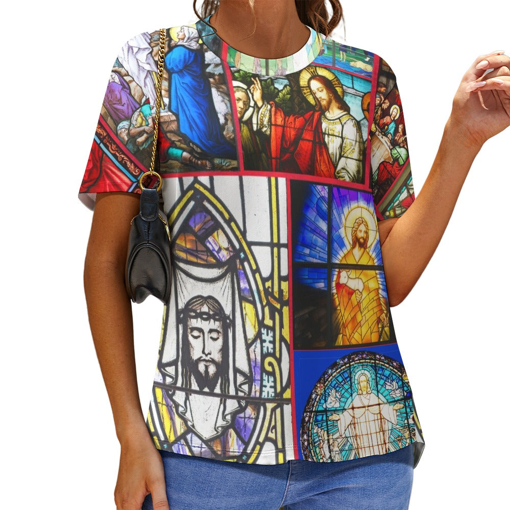 “Stained Glass Jesus for Christmas” Women’s Basic T-Shirt – Sizes S – 6XL