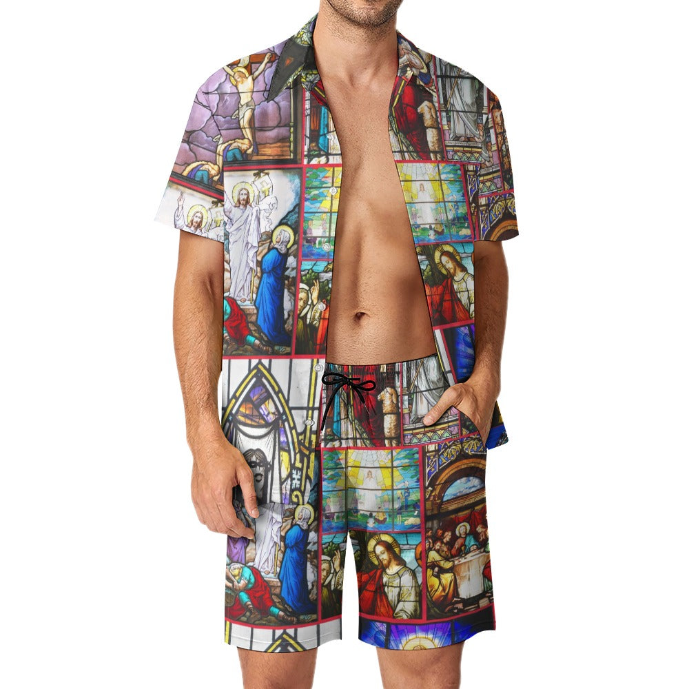 “Stained Glass Jesus for Christmas” Men’s Rave Outfit – Lounge Shirt and Beach Shorts – Sizes XS – 3XL