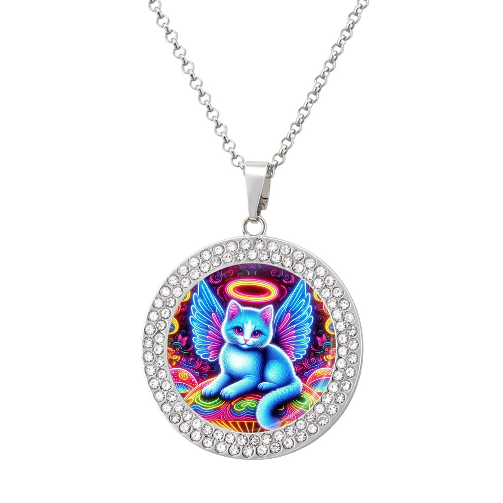 “Heavenly Angel Cats on Psychedelic Mushrooms” Silver Color Alloy Diamond Necklace