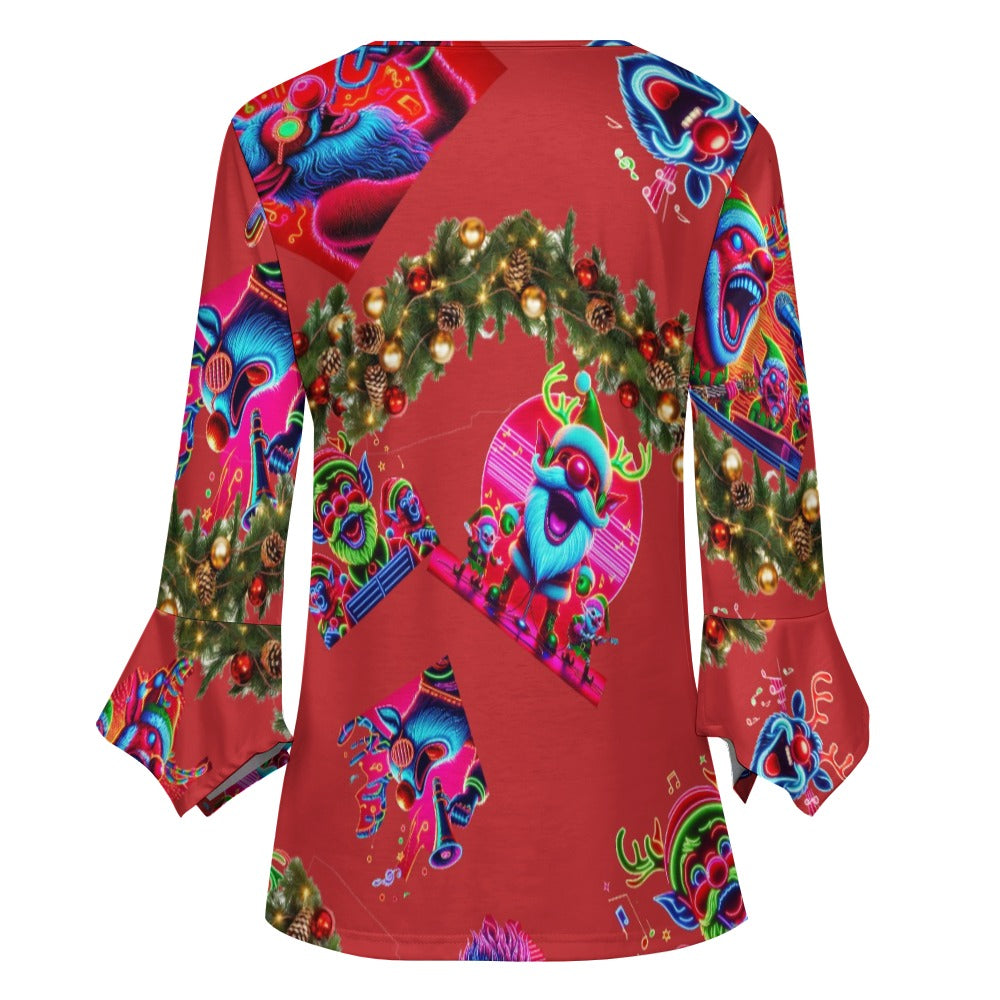 “Psychedelic Christmas Rudolf Singing on Red” Women's Ruffled Petal Sleeve Top – Sizes S – 5XL