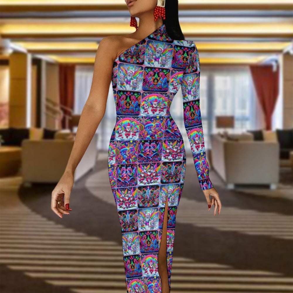 “Psychedelic Christmas Angels Toking” Half Sleeve Slit Dress