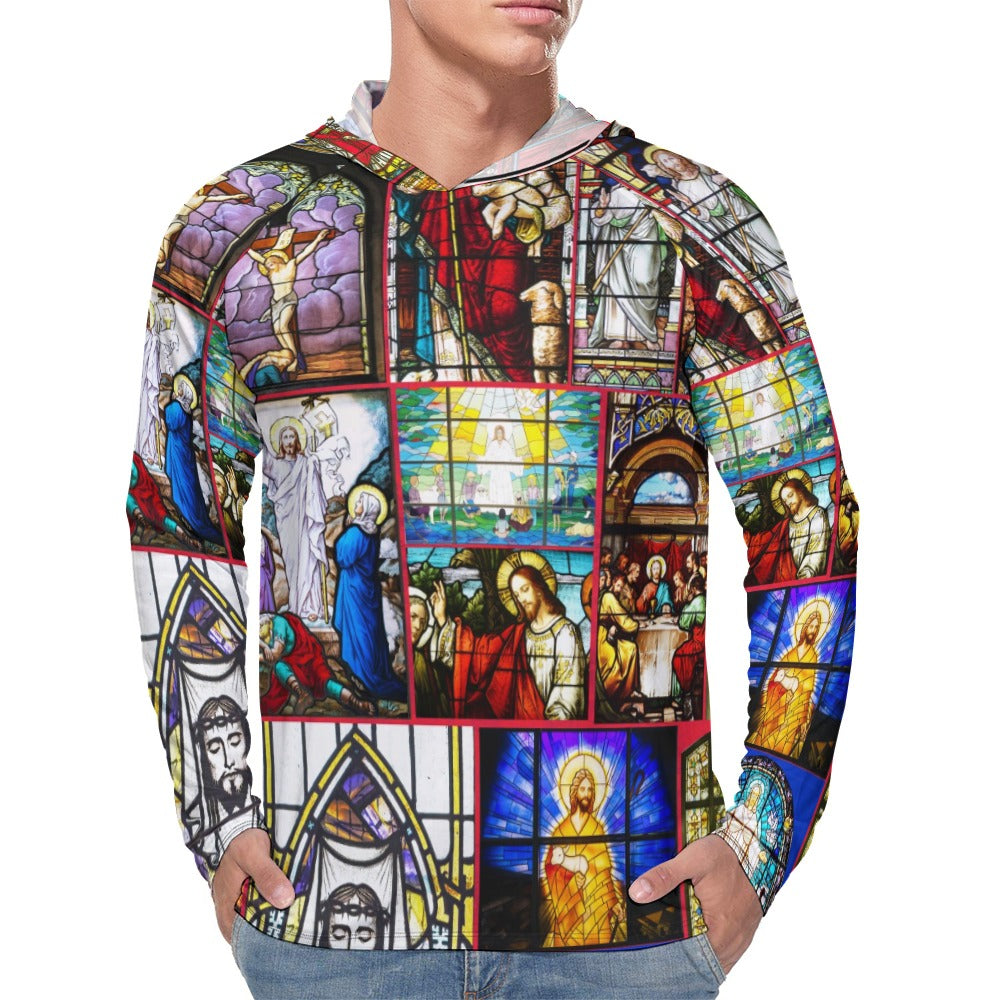 “Stained Glass Jesus for Christmas” Men’s Long Sleeve Sun Protection Hoodie – Sizes S – 3XL