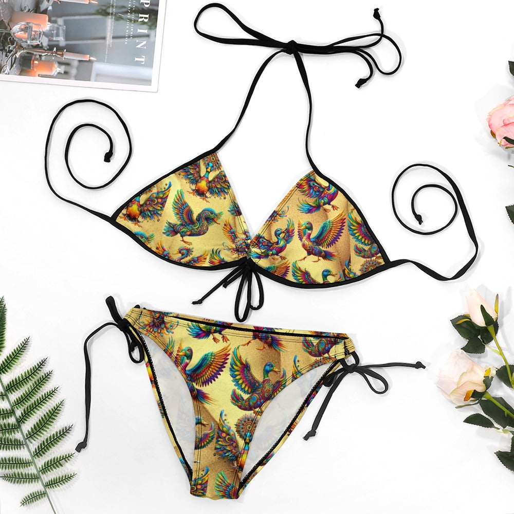 “Psychedelic Ducks on Gold” Women's Plus Size Bikini Swimsuit XL to 4XL