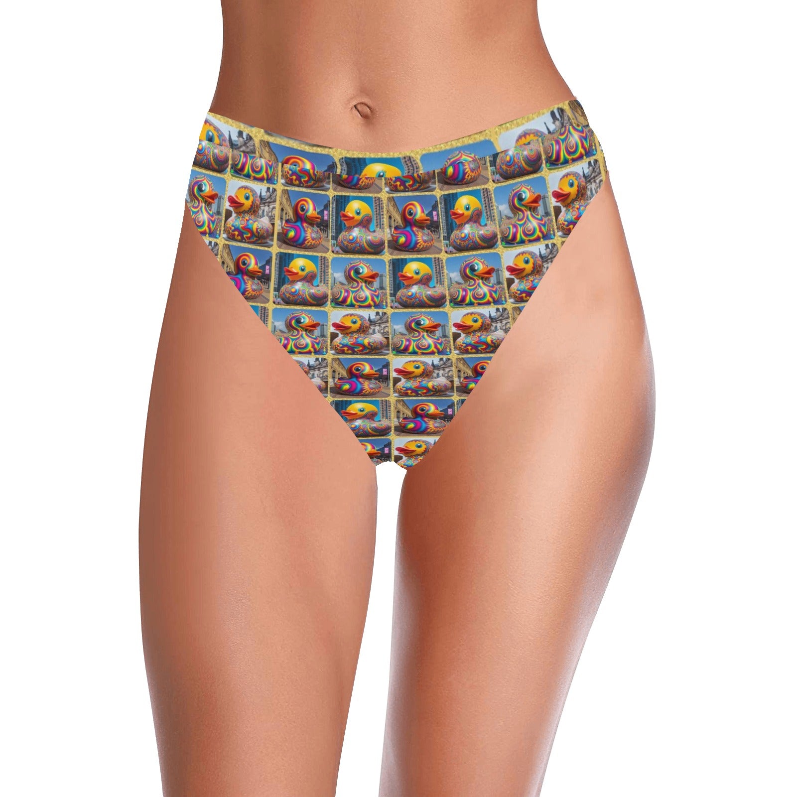 “Psychedelic Rubber Ducky” High-Waisted High V-Cut Bikini Rave Bottom -  Sizes XS – 5XL