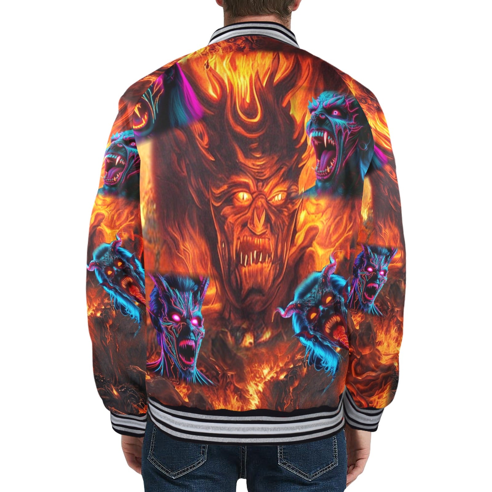 “Screaming Banshees Visit Hell-Oh Halloween” Men's Striped Trim Bomber Jacket - Sizes S - 4XL