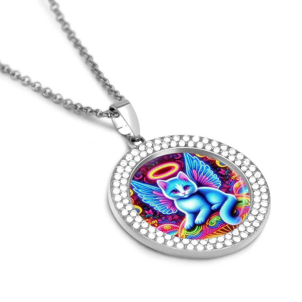 “Heavenly Angel Cats on Psychedelic Mushrooms” Silver Color Alloy Diamond Necklace