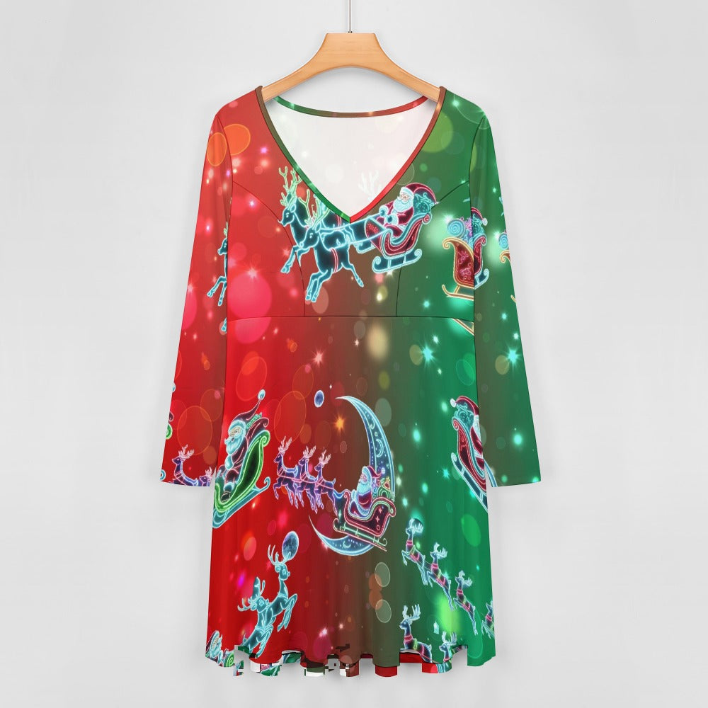 “Neon Santas in Magical Christmas Sleigh with Reindeer” Women’s Oversized V-Neck Dress  – Sizes S – 8XL