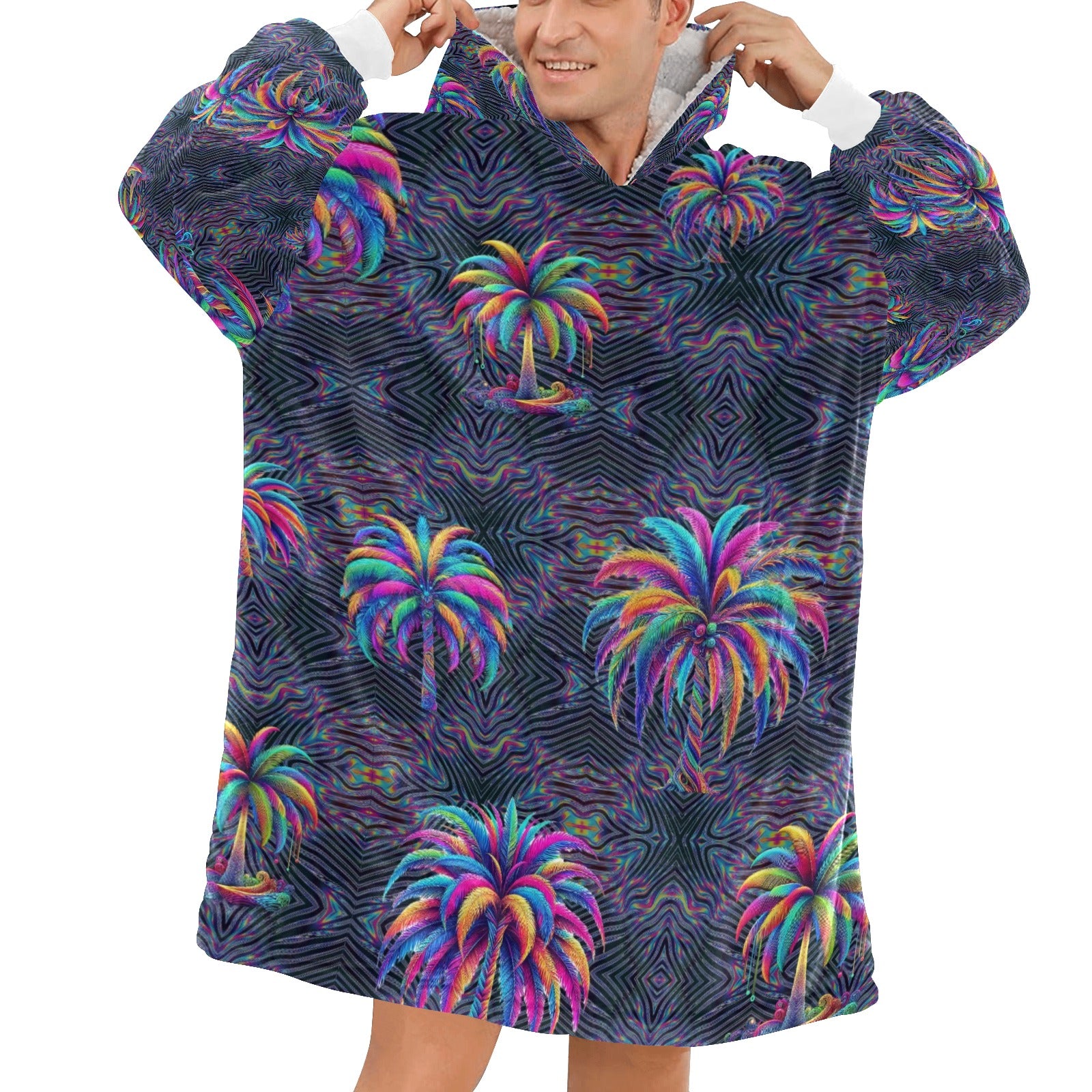 “Psychedelic Neon Palm Tree Ulterior Universe” Men's Blanket Hoodie – One Size