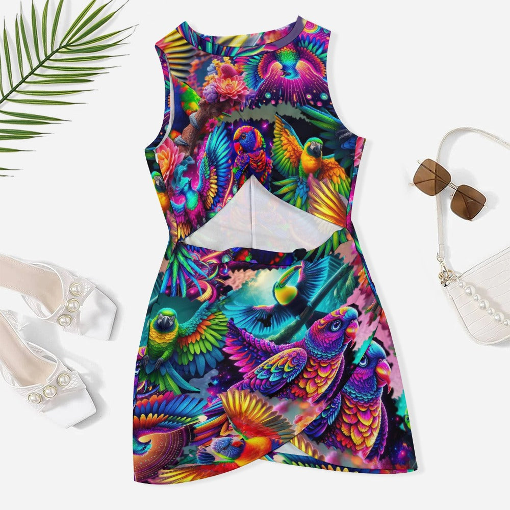 “Neon Aviary” Navel-Baring Cross-Fit Hip Dress