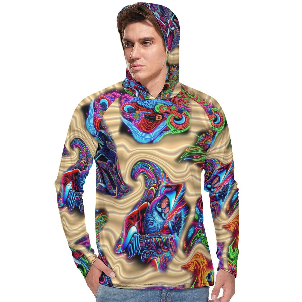 “Neon Santa Fighting Evil” Men’s Long Sleeve Sun Protection Hoodie – Sizes S – 3XL