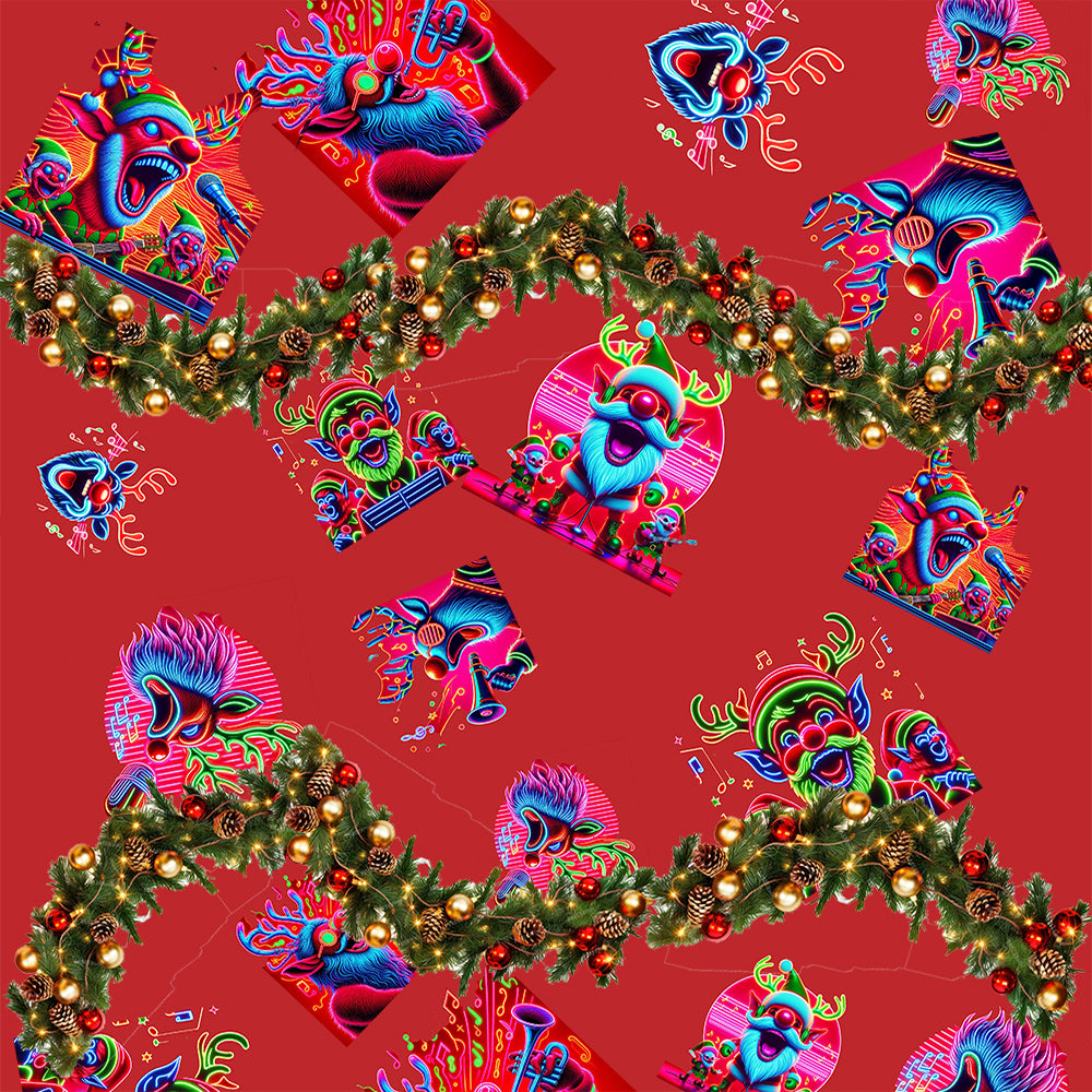 “Psychedelic Christmas Rudolf Singing on Red” Women's Ruffled Petal Sleeve Top – Sizes S – 5XL